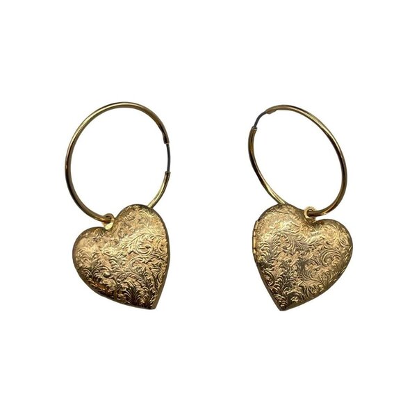 Textured Engraved Heart Locket Charm Hoop Earrings Gold Tone Japan - Picture 1 of 4